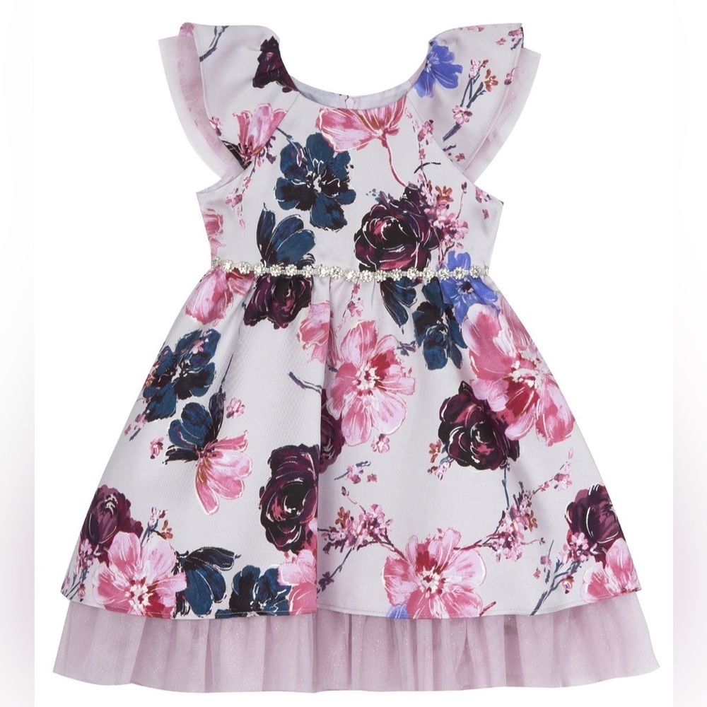 Rare Editions - Foil Mikado Floral print dress w/mesh bottom hem (Size 5t) NWT - Picture 4 of 5
